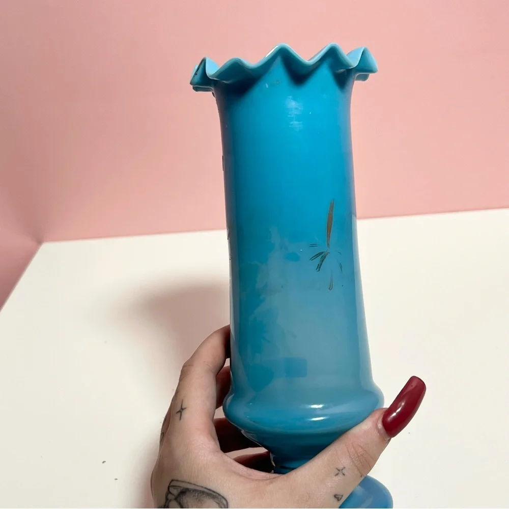 Vintage retro blue floral painted vase - Picture 6 of 6